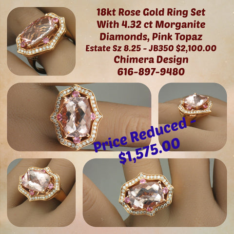 Estate 18kt Yellow Gold Ring 4.32 ct Morganite/diamonds/pink topaz