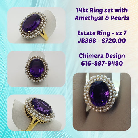 Classic Amethyst and Pearl Ring - Estate 14kt